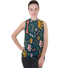 Dog Paw Colorful Fabrics Digitally Mock Neck Chiffon Sleeveless Top by Wav3s