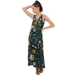 Dog Paw Colorful Fabrics Digitally V-neck Chiffon Maxi Dress