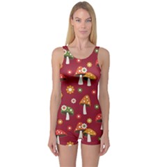 Woodland Mushroom And Daisy Seamless Pattern On Red Background One Piece Boyleg Swimsuit by Wav3s