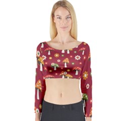 Woodland Mushroom And Daisy Seamless Pattern On Red Background Long Sleeve Crop Top