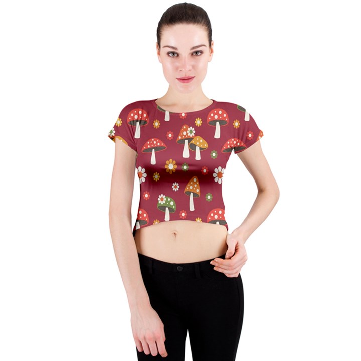 Woodland Mushroom And Daisy Seamless Pattern On Red Background Crew Neck Crop Top