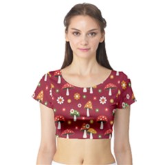 Woodland Mushroom And Daisy Seamless Pattern On Red Background Short Sleeve Crop Top
