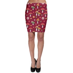 Woodland Mushroom And Daisy Seamless Pattern On Red Background Bodycon Skirt