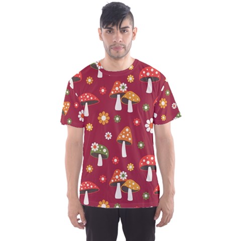 Woodland Mushroom And Daisy Seamless Pattern On Red Background Men s Sport Mesh Tee by Wav3s