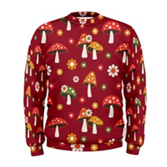 Woodland Mushroom And Daisy Seamless Pattern On Red Background Men s Sweatshirt by Wav3s