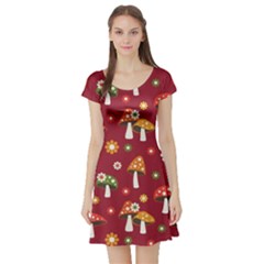 Woodland Mushroom And Daisy Seamless Pattern On Red Background Short Sleeve Skater Dress by Wav3s