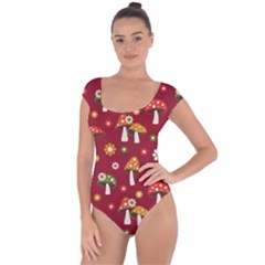 Woodland Mushroom And Daisy Seamless Pattern On Red Background Short Sleeve Leotard  by Wav3s