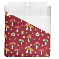 Woodland Mushroom And Daisy Seamless Pattern On Red Background Duvet Cover (queen Size) by Wav3s