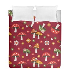 Woodland Mushroom And Daisy Seamless Pattern On Red Background Duvet Cover Double Side (full/ Double Size) by Wav3s
