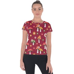 Woodland Mushroom And Daisy Seamless Pattern On Red Background Short Sleeve Sports Top  by Wav3s