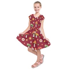 Woodland Mushroom And Daisy Seamless Pattern On Red Background Kids  Short Sleeve Dress by Wav3s