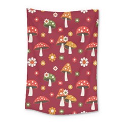 Woodland Mushroom And Daisy Seamless Pattern On Red Background Small Tapestry by Wav3s