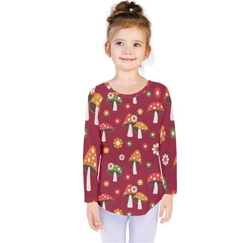 Woodland Mushroom And Daisy Seamless Pattern On Red Background Kids  Long Sleeve Tee by Wav3s