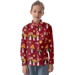 Woodland Mushroom And Daisy Seamless Pattern On Red Background Kids  Long Sleeve Shirt by Wav3s