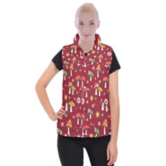 Woodland Mushroom And Daisy Seamless Pattern On Red Background Women s Button Up Vest by Wav3s