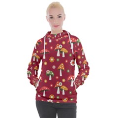 Woodland Mushroom And Daisy Seamless Pattern On Red Background Women s Hooded Pullover by Wav3s