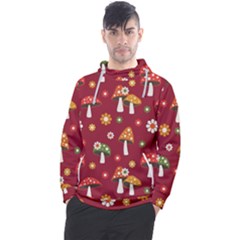 Woodland Mushroom And Daisy Seamless Pattern On Red Background Men s Pullover Hoodie by Wav3s