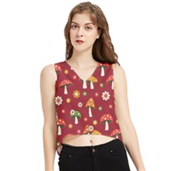 Woodland Mushroom And Daisy Seamless Pattern On Red Background V-neck Cropped Tank Top