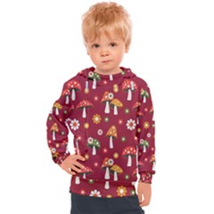 Woodland Mushroom And Daisy Seamless Pattern On Red Background Kids  Hooded Pullover by Wav3s