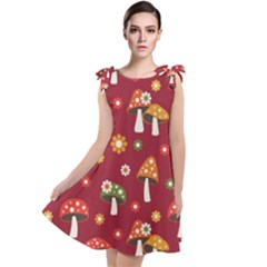 Woodland Mushroom And Daisy Seamless Pattern On Red Background Tie Up Tunic Dress by Wav3s