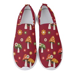 Woodland Mushroom And Daisy Seamless Pattern On Red Background Women s Slip On Sneakers by Wav3s