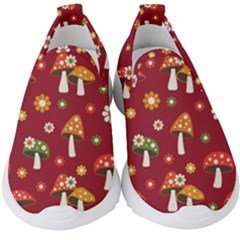 Woodland Mushroom And Daisy Seamless Pattern On Red Background Kids  Slip On Sneakers by Wav3s
