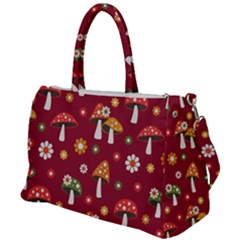 Woodland Mushroom And Daisy Seamless Pattern On Red Background Duffel Travel Bag by Wav3s