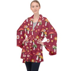 Woodland Mushroom And Daisy Seamless Pattern On Red Background Long Sleeve Velvet Kimono  by Wav3s