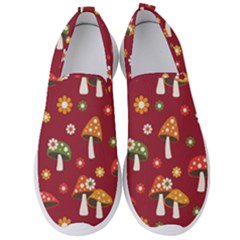 Woodland Mushroom And Daisy Seamless Pattern On Red Background Men s Slip On Sneakers by Wav3s