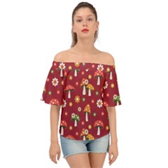 Woodland Mushroom And Daisy Seamless Pattern On Red Background Off Shoulder Short Sleeve Top