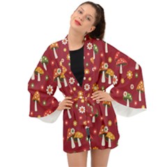 Woodland Mushroom And Daisy Seamless Pattern On Red Background Long Sleeve Kimono