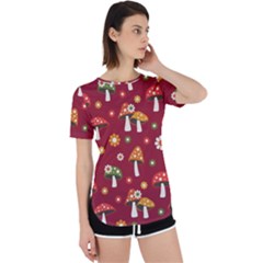 Woodland Mushroom And Daisy Seamless Pattern On Red Background Perpetual Short Sleeve T-shirt