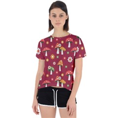 Woodland Mushroom And Daisy Seamless Pattern On Red Background Open Back Sport Tee by Wav3s