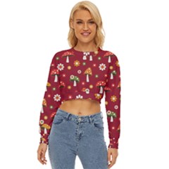 Woodland Mushroom And Daisy Seamless Pattern On Red Background Lightweight Long Sleeve Sweatshirt