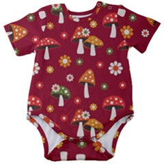 Woodland Mushroom And Daisy Seamless Pattern On Red Background Baby Short Sleeve Bodysuit by Wav3s