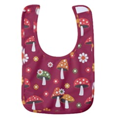 Woodland Mushroom And Daisy Seamless Pattern On Red Background Baby Bib by Wav3s