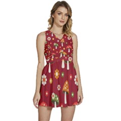 Woodland Mushroom And Daisy Seamless Pattern On Red Background Sleeveless High Waist Mini Dress by Wav3s