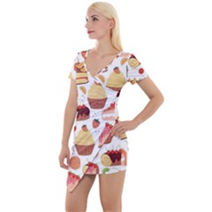 Seamless Pattern Hand Drawing Cartoon Dessert And Cake Short Sleeve Asymmetric Mini Dress