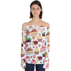 Seamless Pattern Hand Drawing Cartoon Dessert And Cake Off Shoulder Long Sleeve Top by Wav3s