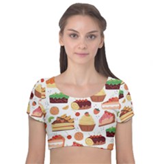 Seamless Pattern Hand Drawing Cartoon Dessert And Cake Velvet Short Sleeve Crop Top  by Wav3s