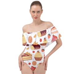 Seamless Pattern Hand Drawing Cartoon Dessert And Cake Off Shoulder Velour Bodysuit  by Wav3s