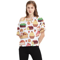 Seamless Pattern Hand Drawing Cartoon Dessert And Cake One Shoulder Cut Out Tee by Wav3s