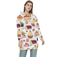 Seamless Pattern Hand Drawing Cartoon Dessert And Cake Women s Long Oversized Pullover Hoodie by Wav3s