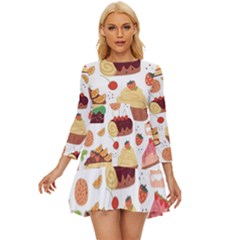 Seamless Pattern Hand Drawing Cartoon Dessert And Cake Long Sleeve Babydoll Dress