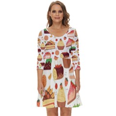 Seamless Pattern Hand Drawing Cartoon Dessert And Cake Shoulder Cut Out Zip Up Dress