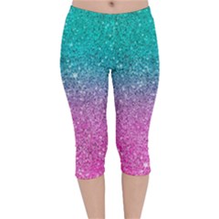 Pink And Turquoise Glitter Velvet Capri Leggings  by Wav3s