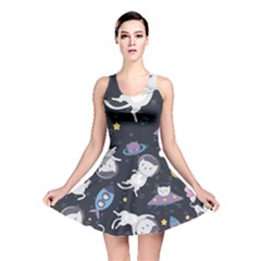 Space Cat Illustration Pattern Astronaut Reversible Skater Dress by Wav3s