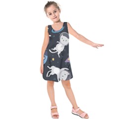 Space Cat Illustration Pattern Astronaut Kids  Sleeveless Dress by Wav3s