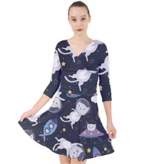 Space Cat Illustration Pattern Astronaut Quarter Sleeve Front Wrap Dress by Wav3s