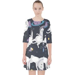 Space Cat Illustration Pattern Astronaut Quarter Sleeve Pocket Dress by Wav3s